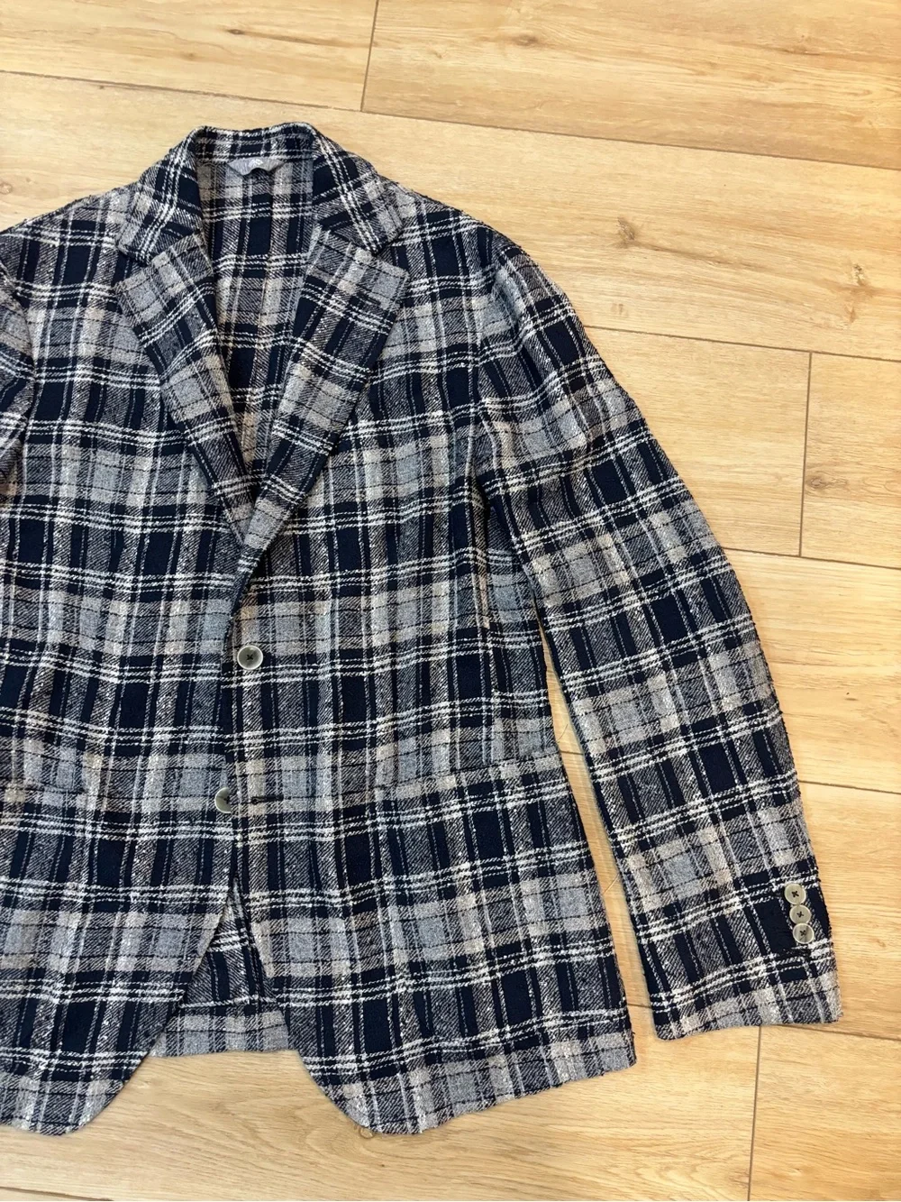 Fradi EU 52 / US 42 Blue Plaid Print Blazer Jacket Made in Italy Linen Blend
